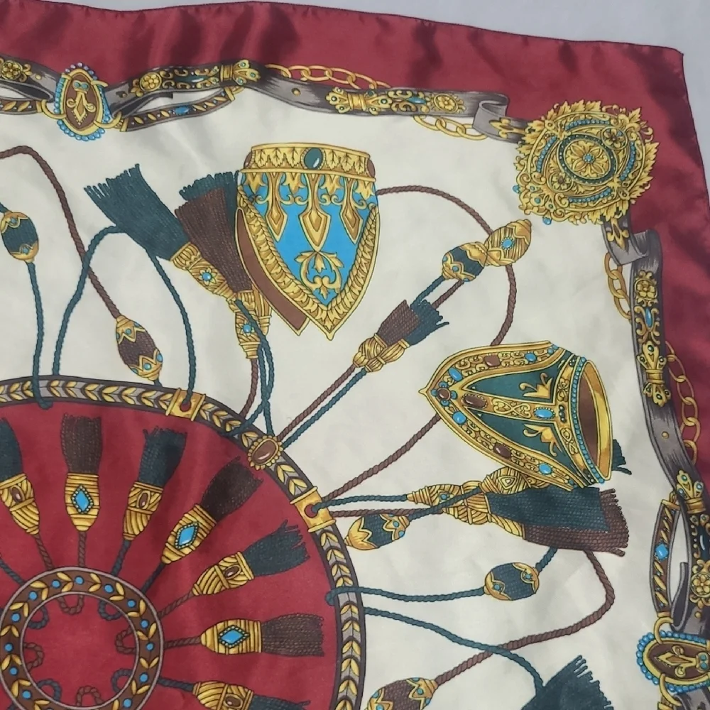 Elegant Red and Cream Satin Scarf Equestrian Style Tassels Shield Square 34